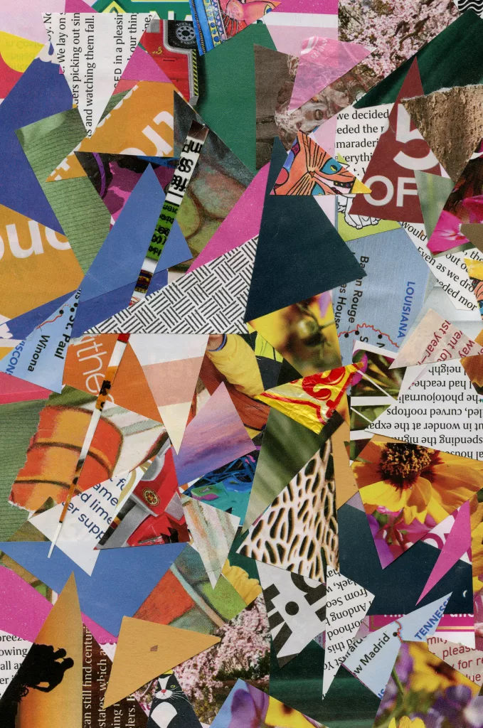 Colorful abstract collage made from magazine cutouts with varied patterns.